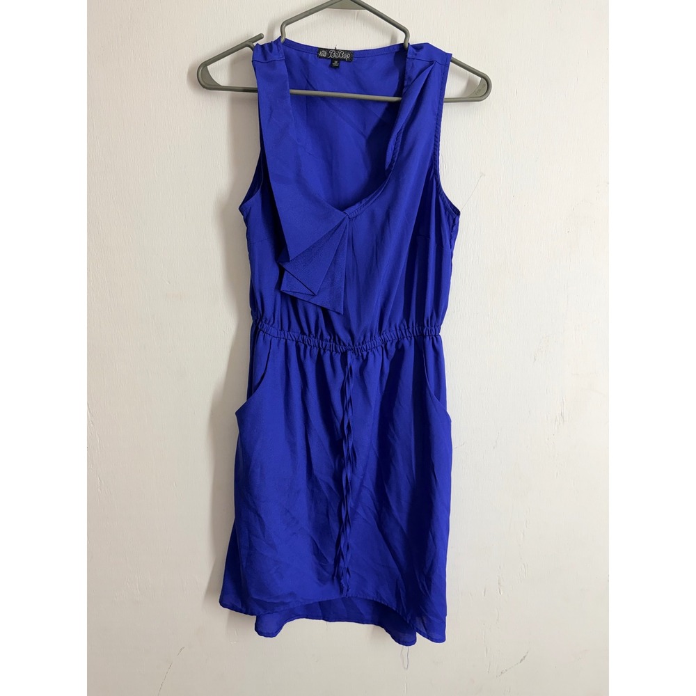 BeBop Royal Blue Sleeveless Ruffle V-Neck Elastic Waist Pocket Mini Dress Medium